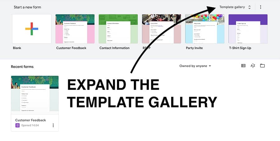 template gallery option in google forms