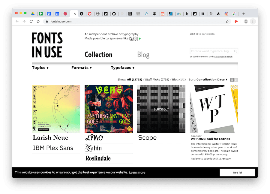 fonts in use's home page with wall of works